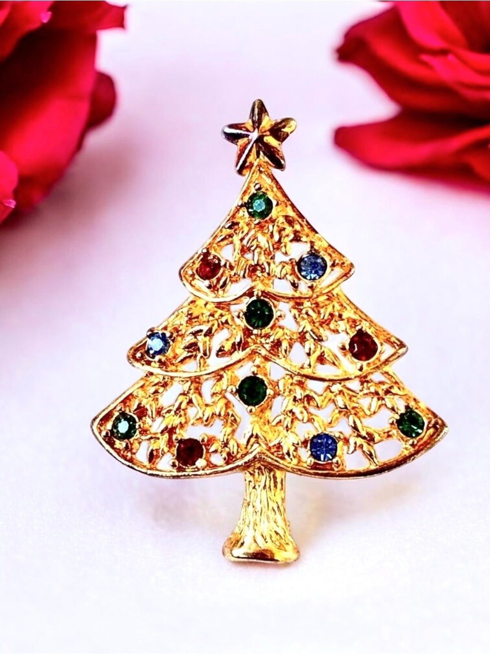 Eisenberg Ice Vtg Christmas Tree Brooch Pin Gold Tone Multi-color Rhinestones